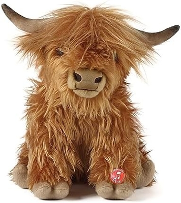 Animale farcito marrone. Giocattolo di fattoria con suono. Regalo per bambini con giocattolo morbido.