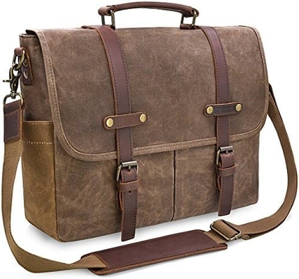 15.6 pollici impermeabile Vintage cuoio autentico cera tela cartellone grande computer in pelle borsa portatile sacchetto robusto