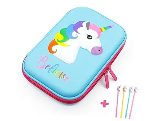 3D Cute EVA Unicorn Pen Bag Stationery Box Anti-Shock Large Capacity Multi-Compartment per la scuola con 4 penne unicorno; EVA confezioni cuscini conchiglia