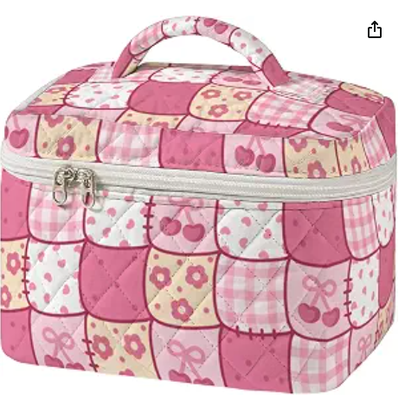 Borsa per trucco trapuntata grande, custodia da viaggio per cosmetici con cartamodello vintage per cucito per donna, organizer per articoli da toeletta estetico patchwork con manico, pennelli per la cura della pelle, accessori