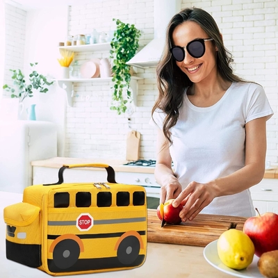 Scatola di pranzo per bambini Ragazzi Ragazze Scuola Sacchetti da pranzo riutilizzabili Raffreddatore Piatto termale per picnic (autobus scolastico giallo)