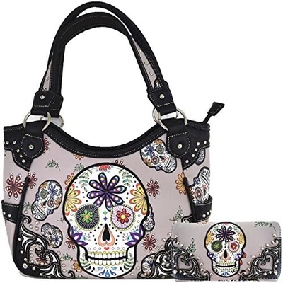 Punk GOTHIC ROCK METALLIC SCALLE Giorno dei morti zucchero floreale SCALLE di pelle borsa da donna borsa da mano spalla borsa portafoglio set