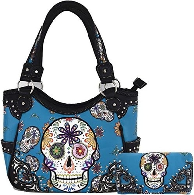 Punk GOTHIC ROCK METALLIC SCALLE Giorno dei morti zucchero floreale SCALLE di pelle borsa da donna borsa da mano spalla borsa portafoglio set