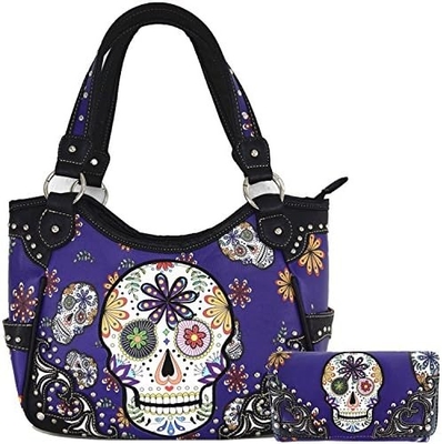 Punk GOTHIC ROCK METALLIC SCALLE Giorno dei morti zucchero floreale SCALLE di pelle borsa da donna borsa da mano spalla borsa portafoglio set