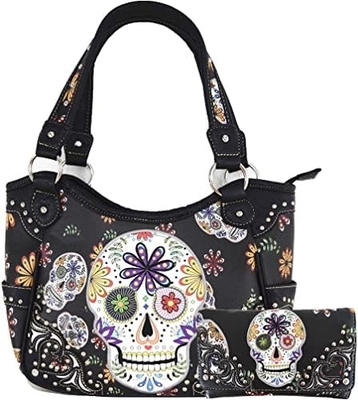 Punk GOTHIC ROCK METALLIC SCALLE Giorno dei morti zucchero floreale SCALLE di pelle borsa da donna borsa da mano spalla borsa portafoglio set
