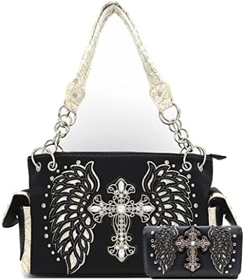 STILLO occidentale RINESTONE CRUCE STUDED ALLAZER CUT WINGS utensili in pelle borsa da mano donna borsa da spalla paese portafogli S