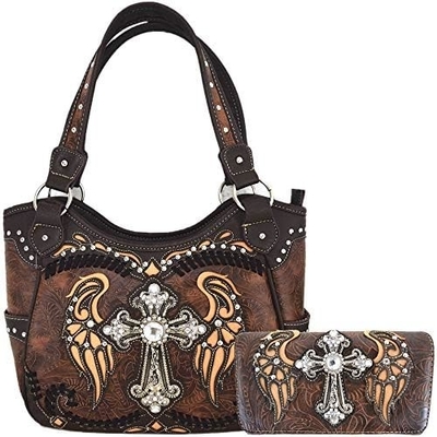 STILLO occidentale RINESTONE CRUCE STUDED ALLAZER CUT WINGS utensili in pelle borsa da mano donna borsa da spalla paese portafogli S