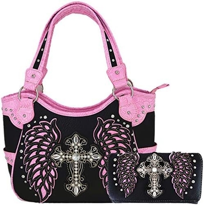 STILLO occidentale RINESTONE CRUCE STUDED ALLAZER CUT WINGS utensili in pelle borsa da mano donna borsa da spalla paese portafogli S