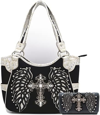 STILLO occidentale RINESTONE CRUCE STUDED ALLAZER CUT WINGS utensili in pelle borsa da mano donna borsa da spalla paese portafogli S