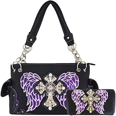 STILLO occidentale RINESTONE CRUCE STUDED ALLAZER CUT WINGS utensili in pelle borsa da mano donna borsa da spalla paese portafogli S