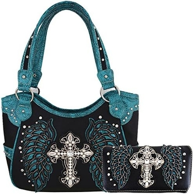 STILLO occidentale RINESTONE CRUCE STUDED ALLAZER CUT WINGS utensili in pelle borsa da mano donna borsa da spalla paese portafogli S