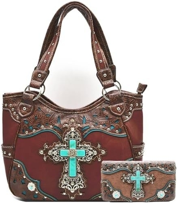STILLO occidentale RINESTONE CRUCE STUDED ALLAZER CUT WINGS utensili in pelle borsa da mano donna borsa da spalla paese portafogli S