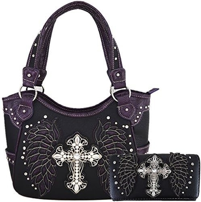 STILLO occidentale RINESTONE CRUCE STUDED ALLAZER CUT WINGS utensili in pelle borsa da mano donna borsa da spalla paese portafogli S