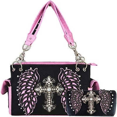 STILLO occidentale RINESTONE CRUCE STUDED ALLAZER CUT WINGS utensili in pelle borsa da mano donna borsa da spalla paese portafogli S