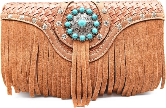 STILLO occidentale FRANGE CONCHOS GEM RINESTONE STUDIATO PELLE INTRECCATA BORSA PAESANA BORSA DI MANO DONNE BORSA DELLA SPALLA Set portafogli