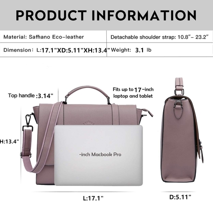 EASEGAVE BRIEFCASE per laptop da 17 pollici da donna, VINTAGE PURPLE SAFFIANO ECO-LEATHER, MULTI-COMPARTMENT, Capacità di peso di 3 libbre
