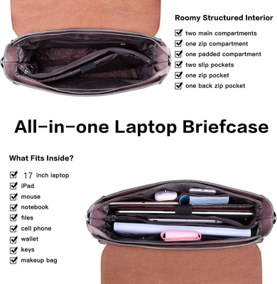 EASEGAVE BRIEFCASE per laptop da 17 pollici da donna, VINTAGE PURPLE SAFFIANO ECO-LEATHER, MULTI-COMPARTMENT, Capacità di peso di 3 libbre