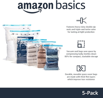 Amazon Basics Sacchetti di stoccaggio a zip a compressione a vuoto con pompa a mano, medio, 5 confezioni, bianco, blu cielo