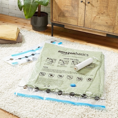 Amazon Basics Sacchetti di stoccaggio a zip a compressione a vuoto con pompa a mano, medio, 5 confezioni, bianco, blu cielo