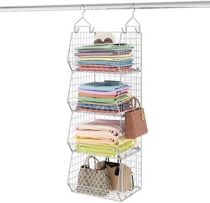 X-COSRACK 4 TIER FOLDABLE ORGANIZATORE di armadio, ripiani di abbigliamento con 5 ganci S, MURAL MOUNT&amp;CABINET WIRE STORE BINDS,