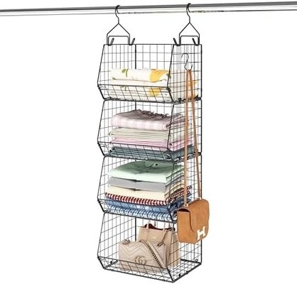 X-COSRACK 4 TIER FOLDABLE ORGANIZATORE di armadio, ripiani di abbigliamento con 5 ganci S, MURAL MOUNT&amp;CABINET WIRE STORE BINDS,
