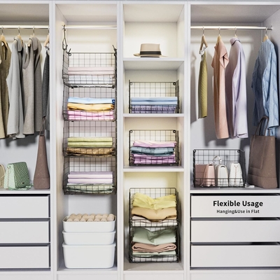 X-COSRACK 4 TIER FOLDABLE ORGANIZATORE di armadio, ripiani di abbigliamento con 5 ganci S, MURAL MOUNT&amp;CABINET WIRE STORE BINDS,