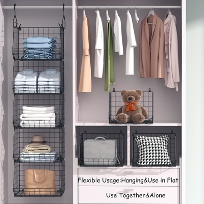 X-COSRACK 4 TIER FOLDABLE ORGANIZATORE di armadio, ripiani di abbigliamento con 5 ganci S, MURAL MOUNT&amp;CABINET WIRE STORE BINDS,