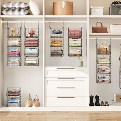 X-COSRACK 4 TIER FOLDABLE ORGANIZATORE di armadio, ripiani di abbigliamento con 5 ganci S, MURAL MOUNT&amp;CABINET WIRE STORE BINDS,