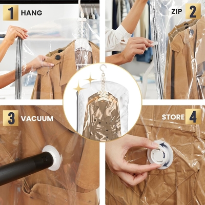 TAILI Sacchetti per la conservazione a vuoto appesi Sacchetti per il risparmio di spazio, set di 4 (2 lunghi, 2 corti), sacchetti sigillatori a vuoto trasparenti per abbigliamento