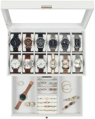 GUKA Watch Box 12 Slot Watch Display Organizer Gioielli in pelle Cassa cassetto Vetro compleanno per uomini Donne, figli marito