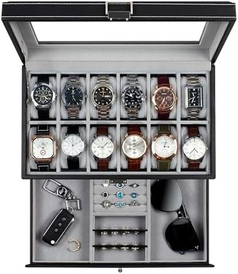 GUKA Watch Box 12 Slot Watch Display Organizer Gioielli in pelle Cassa cassetto Vetro compleanno per uomini Donne, figli marito