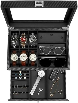 GUKA Watch Box 12 Slot Watch Display Organizer Gioielli in pelle Cassa cassetto Vetro compleanno per uomini Donne, figli marito