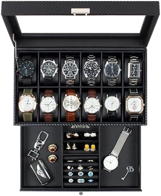 GUKA Watch Box 12 Slot Watch Display Organizer Gioielli in pelle Cassa cassetto Vetro compleanno per uomini Donne, figli marito