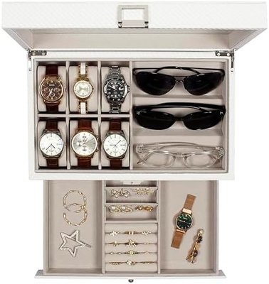 GUKA Watch Box 12 Slot Watch Display Organizer Gioielli in pelle Cassa cassetto Vetro compleanno per uomini Donne, figli marito