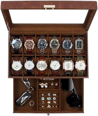 GUKA Watch Box 12 Slot Watch Display Organizer Gioielli in pelle Cassa cassetto Vetro compleanno per uomini Donne, figli marito