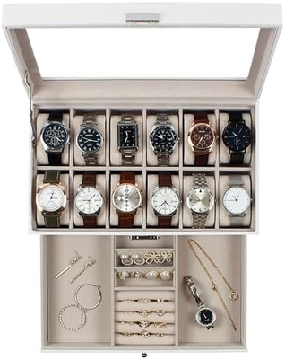 GUKA Watch Box 12 Slot Watch Display Organizer Gioielli in pelle Cassa cassetto Vetro compleanno per uomini Donne, figli marito