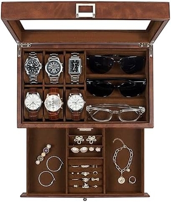 GUKA Watch Box 12 Slot Watch Display Organizer Gioielli in pelle Cassa cassetto Vetro compleanno per uomini Donne, figli marito