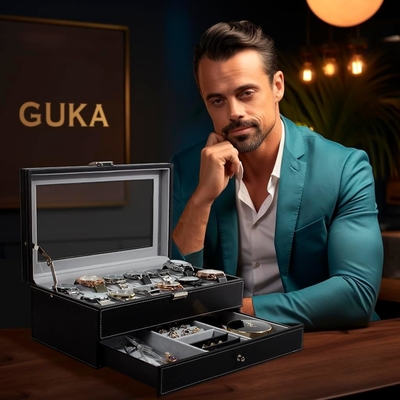 GUKA Watch Box 12 Slot Watch Display Organizer Gioielli in pelle Cassa cassetto Vetro compleanno per uomini Donne, figli marito