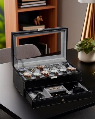 GUKA Watch Box 12 Slot Watch Display Organizer Gioielli in pelle Cassa cassetto Vetro compleanno per uomini Donne, figli marito