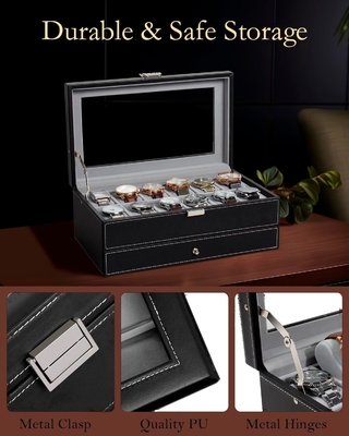 GUKA Watch Box 12 Slot Watch Display Organizer Gioielli in pelle Cassa cassetto Vetro compleanno per uomini Donne, figli marito