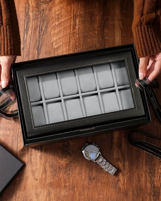 GUKA Watch Box 12 Slot Watch Display Organizer Gioielli in pelle Cassa cassetto Vetro compleanno per uomini Donne, figli marito
