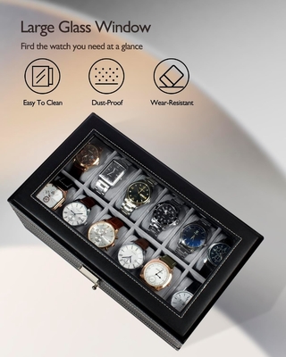 GUKA Watch Box 12 Slot Watch Display Organizer Gioielli in pelle Cassa cassetto Vetro compleanno per uomini Donne, figli marito
