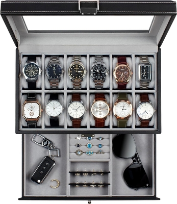 GUKA Watch Box 12 Slot Watch Display Organizer Gioielli in pelle Cassa cassetto Vetro compleanno per uomini Donne, figli marito