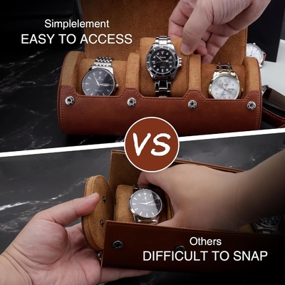 Cassa da viaggio per orologi, rotolo per 3 orologi, pelle finta premium, confezionamento in scatola regalo