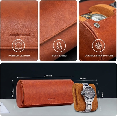Cassa da viaggio per orologi, rotolo per 3 orologi, pelle finta premium, confezionamento in scatola regalo