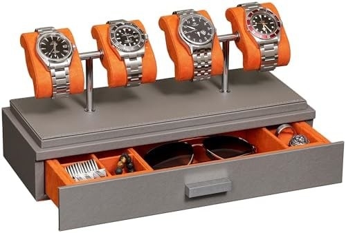 ROTHWELL Luxury Watch Display Case per 4 orologi ️ Scatola per orologi in pelle con rivestimento acrilico e scivolo rimovibile nei cuscini