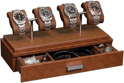 ROTHWELL Luxury Watch Display Case per 4 orologi ️ Scatola per orologi in pelle con rivestimento acrilico e scivolo rimovibile nei cuscini