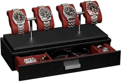 ROTHWELL Luxury Watch Display Case per 4 orologi ️ Scatola per orologi in pelle con rivestimento acrilico e scivolo rimovibile nei cuscini