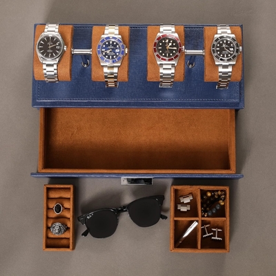 ROTHWELL Luxury Watch Display Case per 4 orologi ️ Scatola per orologi in pelle con rivestimento acrilico e scivolo rimovibile nei cuscini