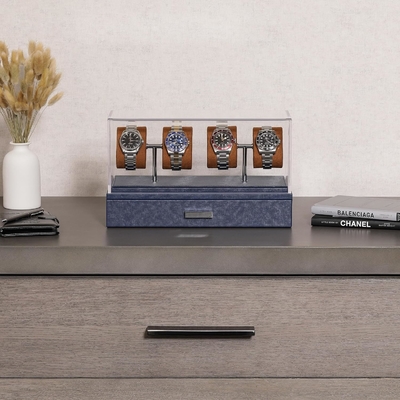 ROTHWELL Luxury Watch Display Case per 4 orologi ️ Scatola per orologi in pelle con rivestimento acrilico e scivolo rimovibile nei cuscini